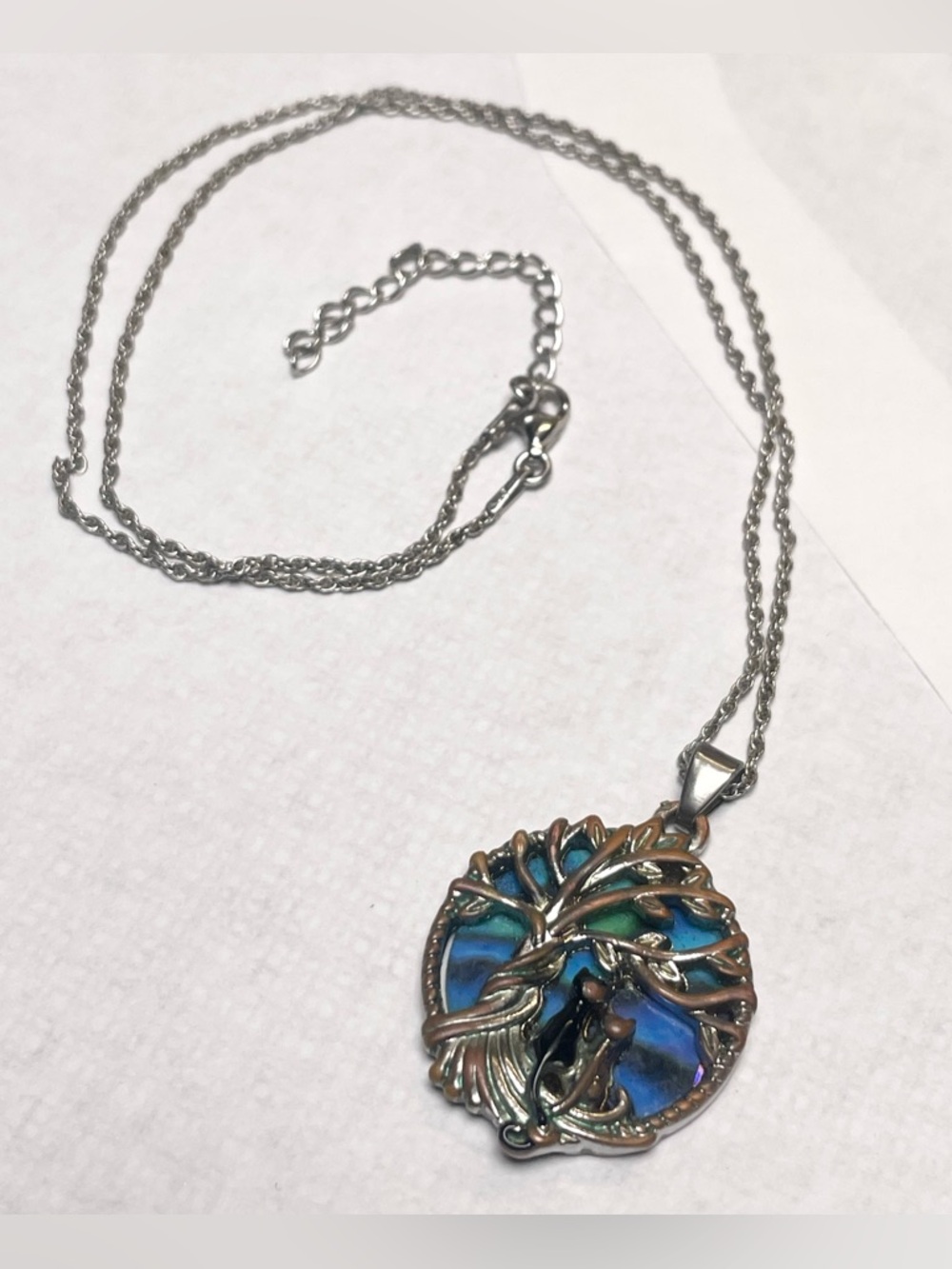 Tree of Life Silver Necklace with Blue-Green Enamel Pendant
